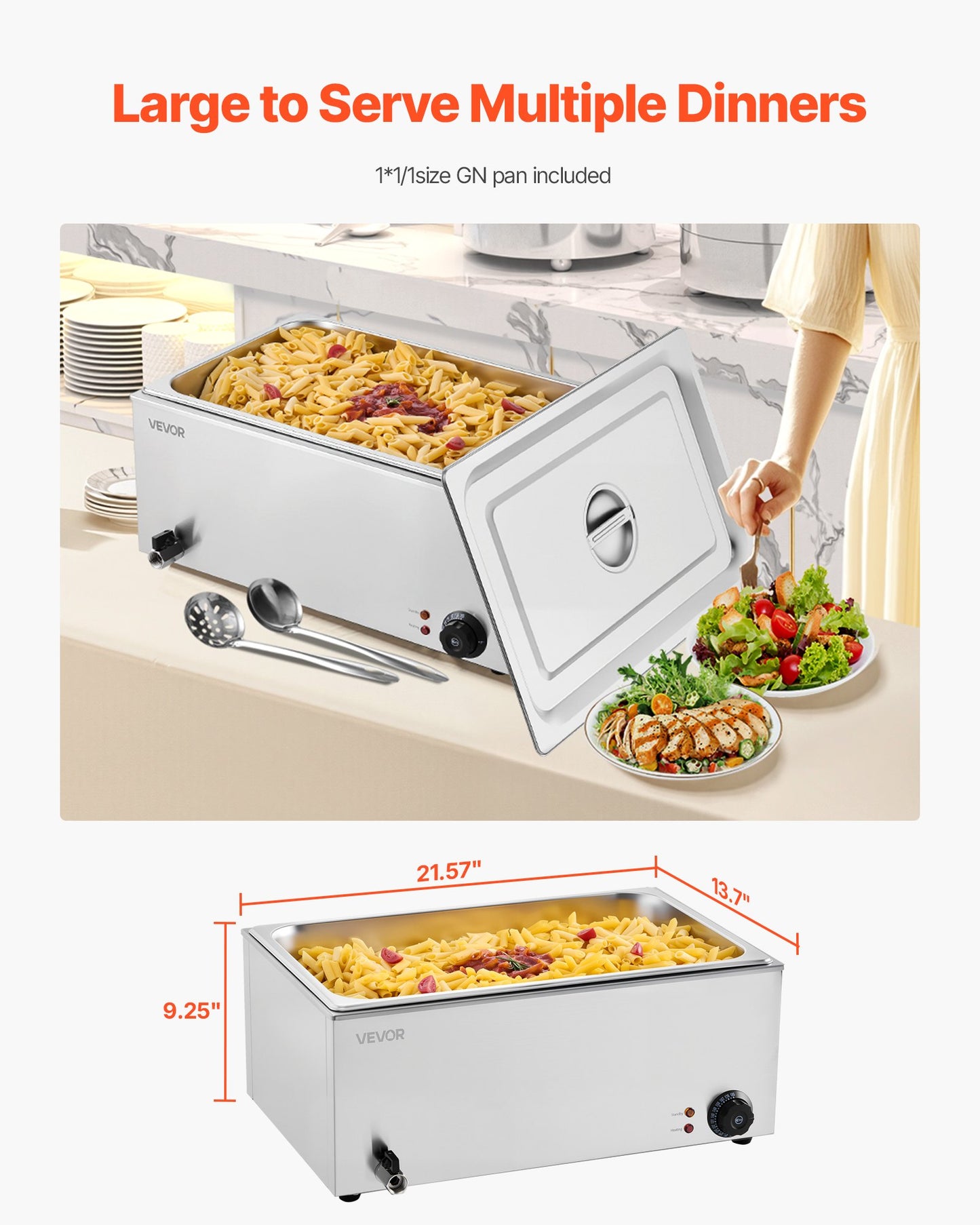 Kommersiell matvärmare, fullstor elektrisk ångbord, 1200W professionell bänkskiva i rostfritt stål, buffé med vattenbad och 30-85°C temperaturkontroll för catering, bufféer, fester, restauranger