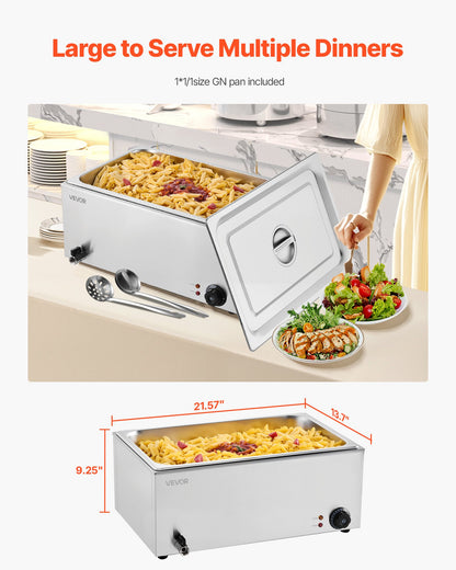Kommersiell matvärmare, fullstor elektrisk ångbord, 1200W professionell bänkskiva i rostfritt stål, buffé med vattenbad och 30-85°C temperaturkontroll för catering, bufféer, fester, restauranger