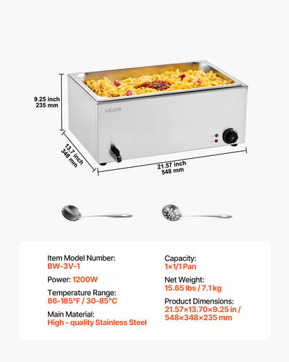 Kommersiell matvärmare, fullstor elektrisk ångbord, 1200W professionell bänkskiva i rostfritt stål, buffé med vattenbad och 30-85°C temperaturkontroll för catering, bufféer, fester, restauranger
