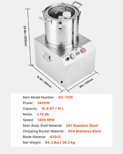 Food Processor & Vegetable Chopper, 15L Food-Grade Stainless Steel Food Processor Chopper with 2 Extra S-Curve Blades, Ideal for Chopping Vegetables, Fruit, Grains, Nuts