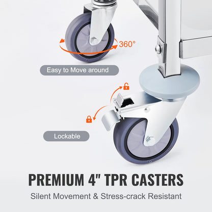 Stainless Steel Cart, 3 Layers Lab Utility Cart 181.4kg Weight Capacity, Medical Cart with Lockable Universal Wheels, for Lab, Clinic, Kitchen, Salon