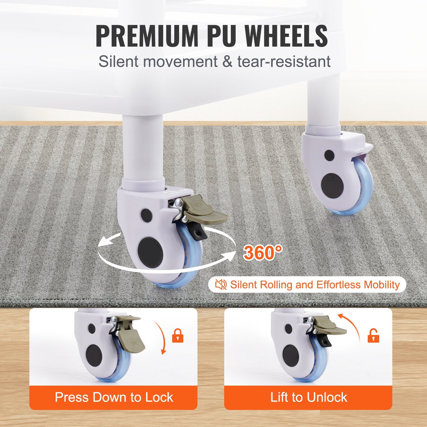 3-vånings labbvagnar, labbutrustningsvagn med 3 fack och 4 tysta hjul, mobil medicinsk vagn med PP-material, labbvagn med 3 soptunnor för labb, klinik, sjukhus, salong, vit