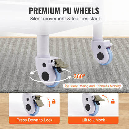 3-vånings labbvagnar, labbutrustningsvagn med 3 fack och 4 tysta hjul, mobil medicinsk vagn med PP-material, labbvagn med 3 soptunnor för labb, klinik, sjukhus, salong, vit