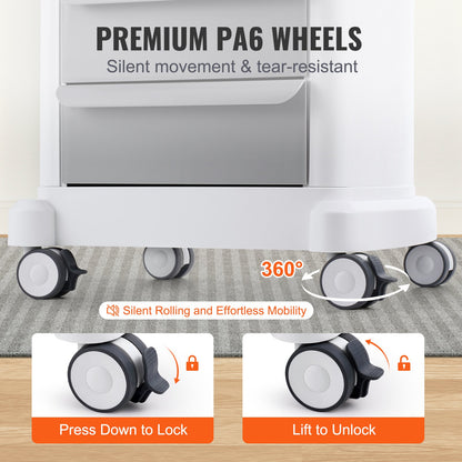 4-vånings laboratorievagnar, laboratorieutrustningsvagn med 3 lådor och 1 toppbricka, mobil medicinsk vagn med ABS-material, laboratorierullvagn med 4 tysta hjul för labb, klinik, sjukhus, salong, vit