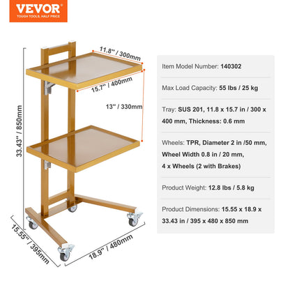 2 Tiers Stainless Steel Lab Carts, Lab Utility Cart with 2 Trays, Mobile Medical Cart with 4 Silent Wheels, Lab Rolling Cart for Lab, Clinic, Hospital, Salon, Golden