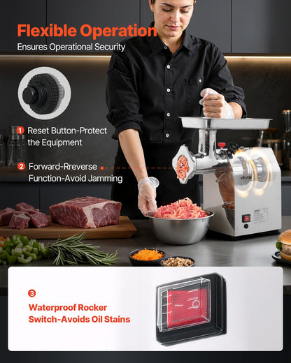 Commercial Electric Meat Grinder, 4.2 kg/min Capacity, #22 Industrial Meat Mincer with 2 Stainless Steel Blades, 2 Grinding Plates, 1100W Heavy-Duty Sausage Maker, for Kitchen, Restaurant