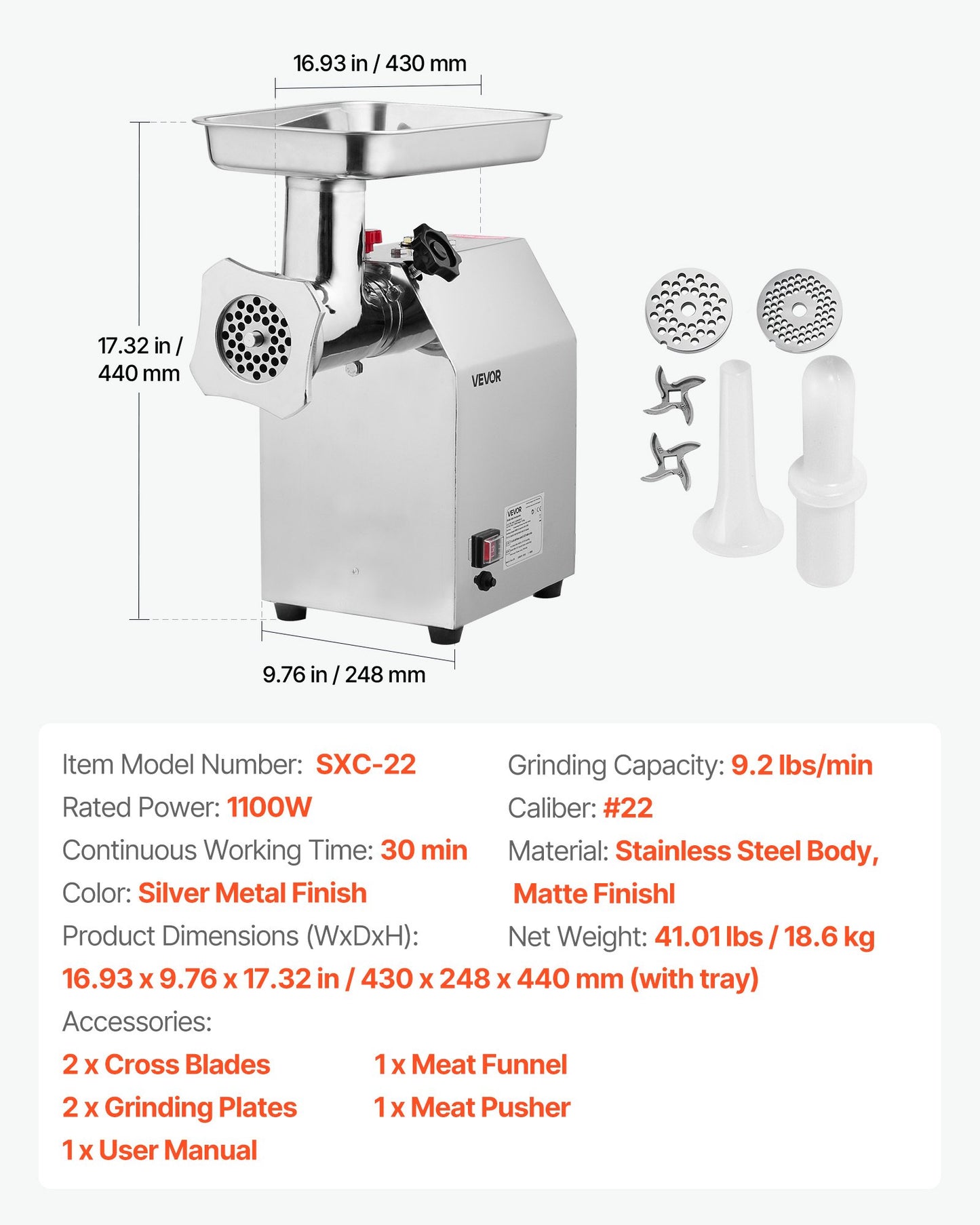 Commercial Electric Meat Grinder, 4.2 kg/min Capacity, #22 Industrial Meat Mincer with 2 Stainless Steel Blades, 2 Grinding Plates, 1100W Heavy-Duty Sausage Maker, for Kitchen, Restaurant