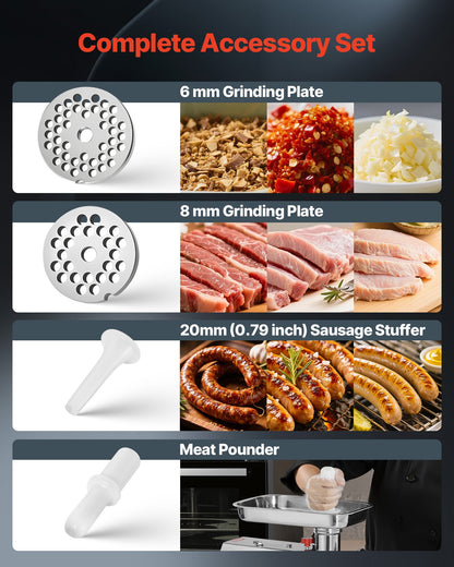 Kommersiell elektrisk köttkvarn, 3,2 kg/min kapacitet, #12 industriell köttkvarn med 2 rostfria blad, 2 malplattor, 850W kraftig korvmaskin, för kök, restaurang