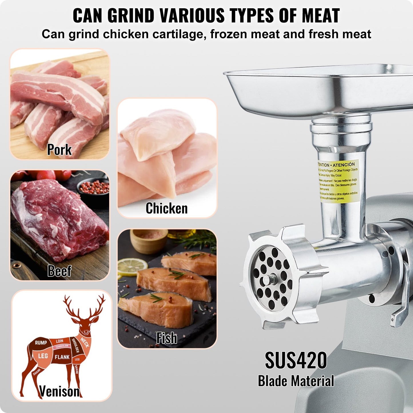 Electric Meat Grinder, 5 Lb/Min Capacity, 575W（800W MAX) Industrial Meat Mincer with Blade, Grinding Plate, Sausage Stuffing Blade and 3 Tubes, Aluminum Commercial Meat Grinder