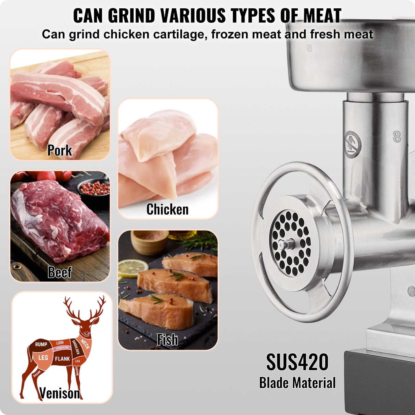 Köttkvarn, elektriska köttkvarnar med kapacitet på 6 lbs/min med blad, malplatta, korvmaskin, kommersiell köttkvarn i rostfritt stål för kök, restaurang, slaktare
