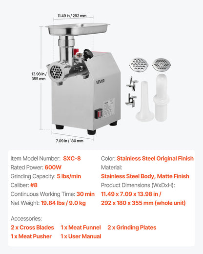 Commercial Electric Meat Grinder, 2.3 kg/min Capacity, #8 Industrial Meat Mincer with 2 Stainless Steel Blades, 2 Grinding Plates, 600W Heavy-Duty Sausage Maker, for Kitchen, Restaurant