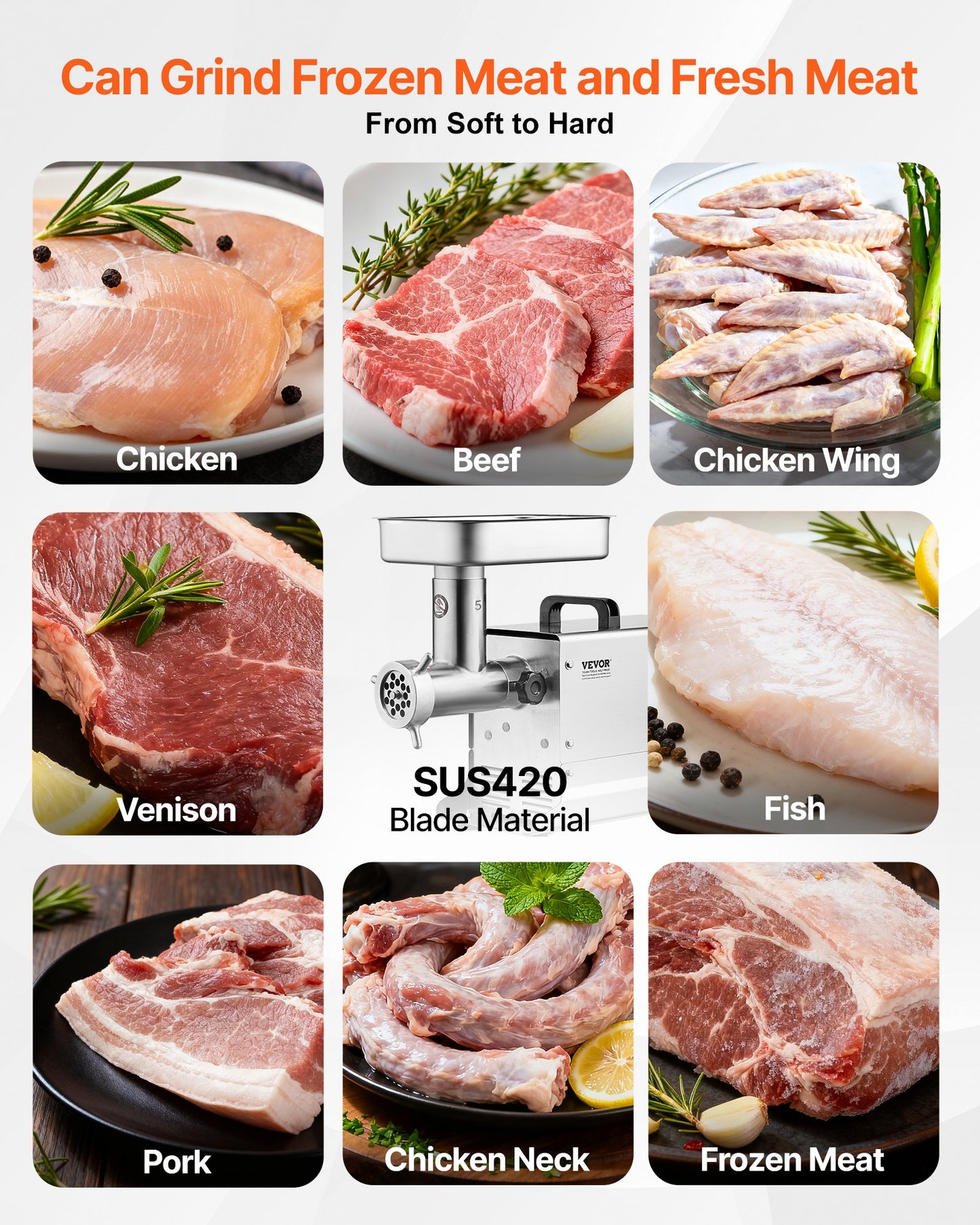 Köttkvarn, elektriska köttkvarnar med kapacitet på 5 lbs/min med blad, malplatta, korvmaskin, kommersiell köttkvarn i rostfritt stål för kök, restaurang, slaktare