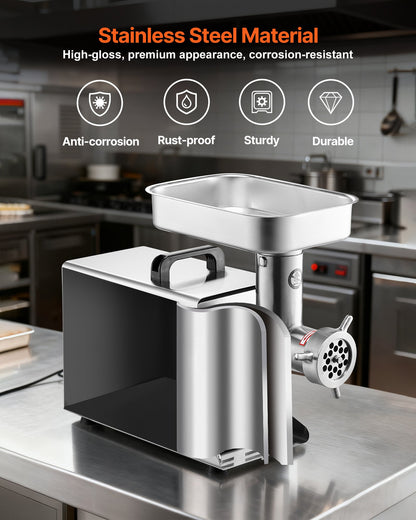 Köttkvarn, elektriska köttkvarnar med kapacitet på 5 lbs/min med blad, malplatta, korvmaskin, kommersiell köttkvarn i rostfritt stål för kök, restaurang, slaktare