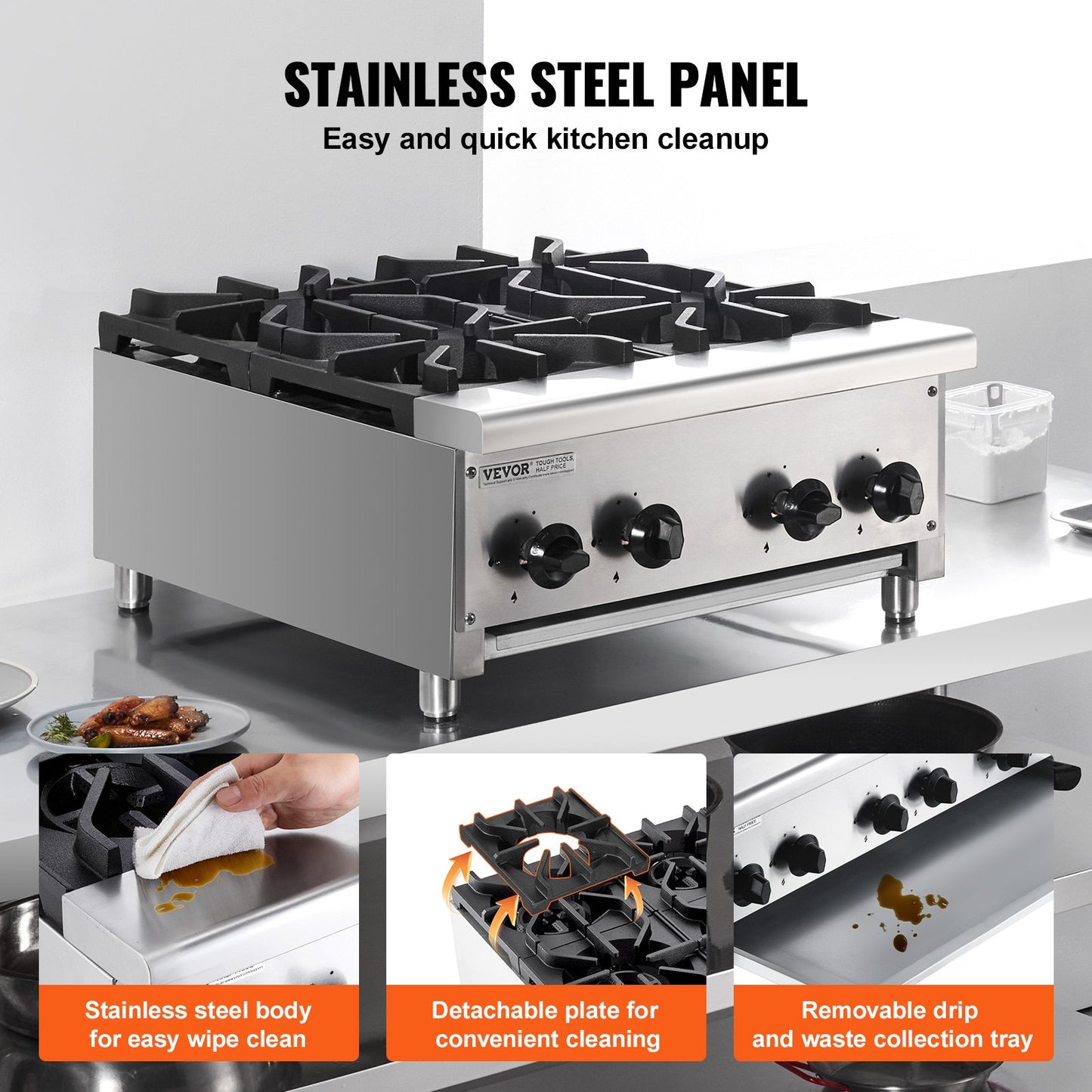 Commercial Gas Stove with 4 Burners, Propane and Natural Gas Countertop Cooking Stove Range, Stainless Steel Gas Hot Plate, Commercial Cooking Equipment for Restaurant, 28KW