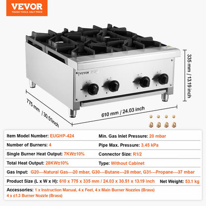 Commercial Gas Stove with 4 Burners, Propane and Natural Gas Countertop Cooking Stove Range, Stainless Steel Gas Hot Plate, Commercial Cooking Equipment for Restaurant, 28KW