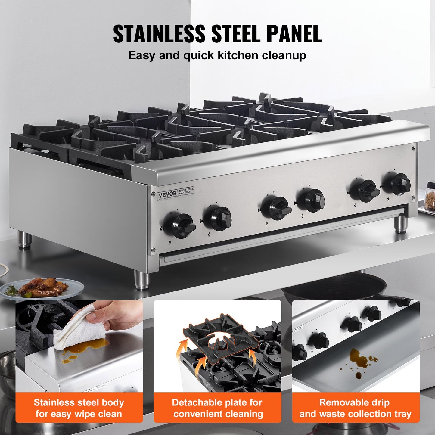 Commercial Gas Stove with 6 Burners, Propane and Natural Gas Countertop Cooking Stove Range, Stainless Steel Gas Hot Plate, Commercial Cooking Equipment for Restaurant, 42KW