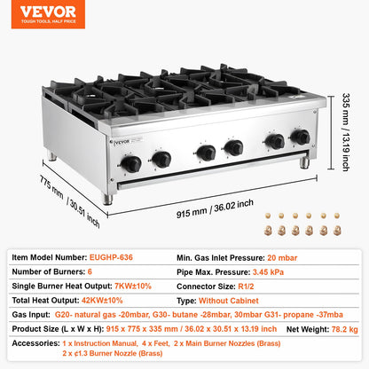 Commercial Gas Stove with 6 Burners, Propane and Natural Gas Countertop Cooking Stove Range, Stainless Steel Gas Hot Plate, Commercial Cooking Equipment for Restaurant, 42KW