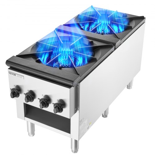 Commercial Gas Stove with 2 Burners, Propane and Natural Gas Countertop Cooking Stove Range, Stainless Steel Gas Hot Plate, Commercial Cooking Equipment for Restaurant, 52KW