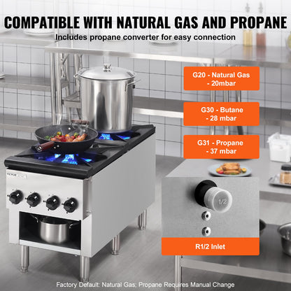 Commercial Gas Stove with 2 Burners, Propane and Natural Gas Countertop Cooking Stove Range, Stainless Steel Gas Hot Plate, Commercial Cooking Equipment for Restaurant, 52KW