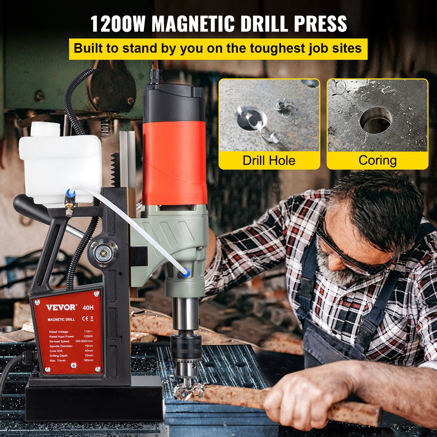 Magnetic Drill, 1200W 4 cm Boring Diameter, 2922lbf/13000N Portable Electric Mag Drill Press with Variable Speed, 580 RPM Drilling Machine for any Surface and Home Improvement, CE Listed