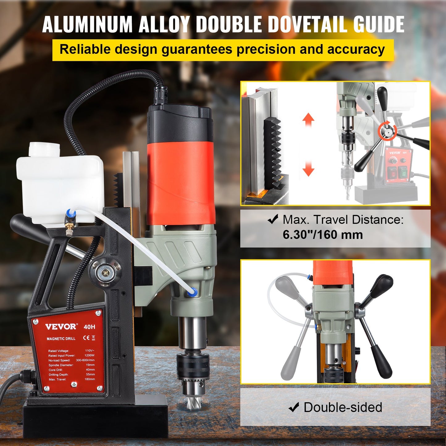 Magnetic Drill, 1200W 4 cm Boring Diameter, 2922lbf/13000N Portable Electric Mag Drill Press with Variable Speed, 580 RPM Drilling Machine for any Surface and Home Improvement, CE Listed