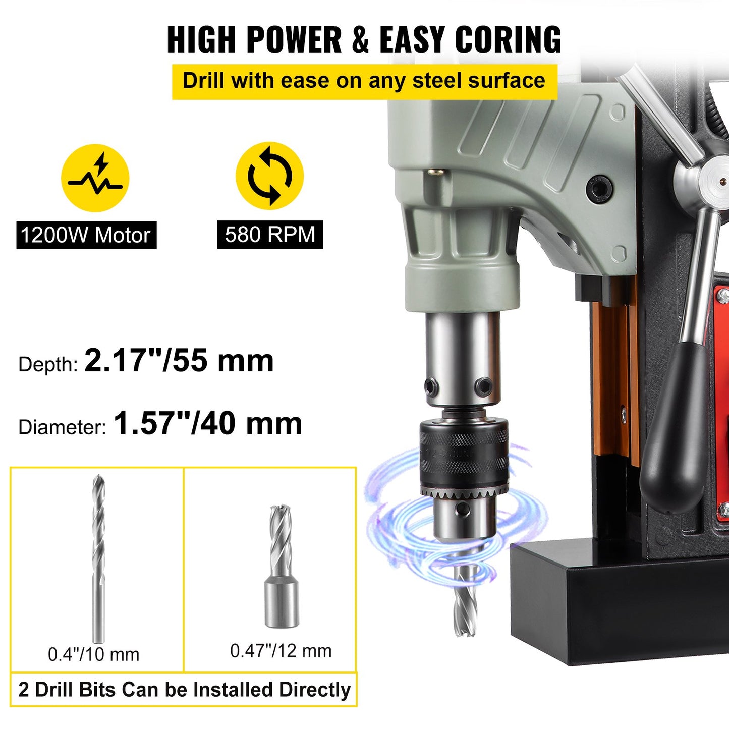 Magnetic Drill, 1200W 4 cm Boring Diameter, 2922lbf/13000N Portable Electric Mag Drill Press with Variable Speed, 580 RPM Drilling Machine for any Surface and Home Improvement, CE Listed