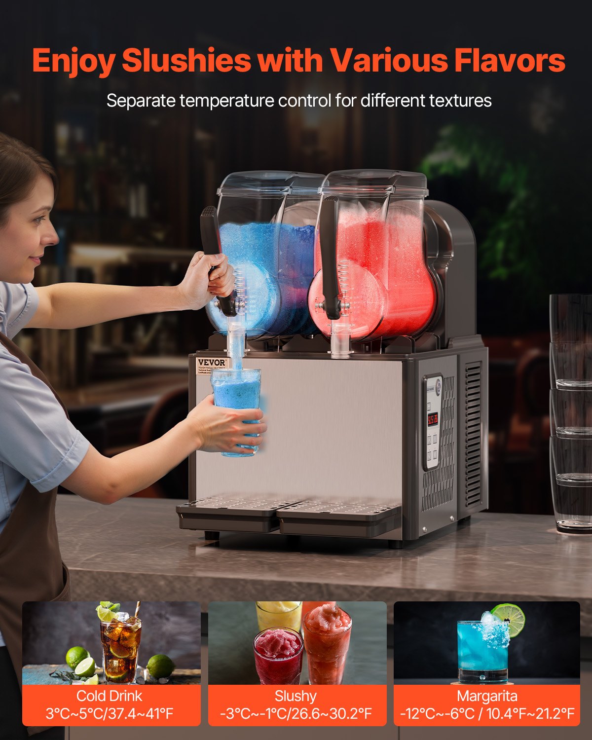 Commercial Slushy Machine, 4Lx2 Double Tank Frozen Drink Machine, 32 Cups Stainless Steel Margarita Smoothie Frozen Drink Maker, Slushie Maker for Home Party Restaurants Cafe Bars