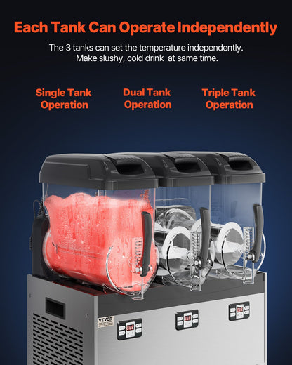 Kommersiell slushymaskin, 12Lx3 trippeltanksmaskin för frysta drycker, 144 koppar rostfritt stål Margarita Smoothie-maskin för frysta drycker, slushmaskin för hemmafester, restauranger, caféer och barer