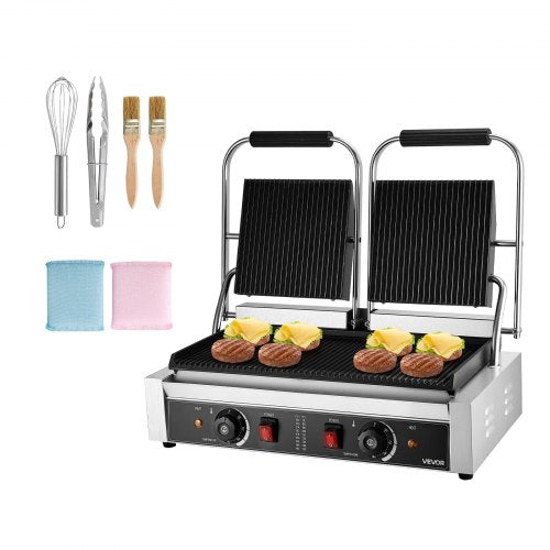 Kommersiell paninigrill, 3600W elektrisk smörgåspaninimaskin, dubbel smörgåspress i rostfritt stål, temperaturkontroll för paninigrill, 48x23cm räfflad emaljplatta, för hamburgare, biff och bacon