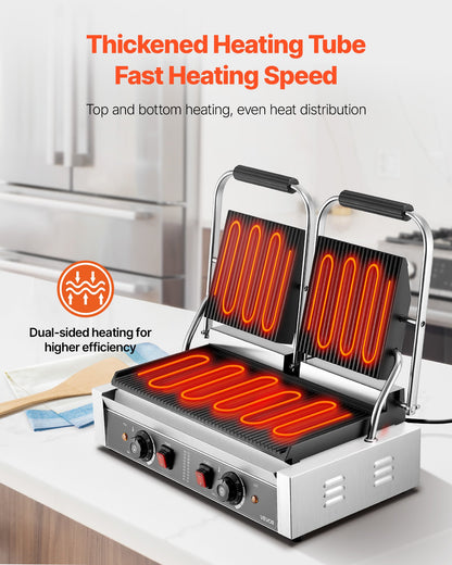 Kommersiell paninigrill, 3600W elektrisk smörgåspaninimaskin, dubbel smörgåspress i rostfritt stål, temperaturkontroll för paninigrill, 48x23cm räfflad emaljplatta, för hamburgare, biff och bacon