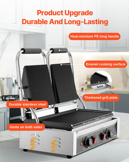 Kommersiell paninigrill, 3600W elektrisk smörgåspaninimaskin, dubbel smörgåspress i rostfritt stål, temperaturkontroll för paninigrill, 48x23cm räfflad emaljplatta, för hamburgare, biff och bacon