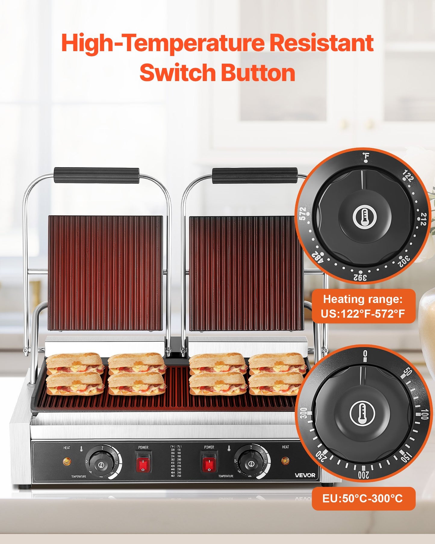 Kommersiell paninigrill, 3600W elektrisk smörgåspaninimaskin, dubbel smörgåspress i rostfritt stål, temperaturkontroll för paninigrill, 48x23cm räfflad emaljplatta, för hamburgare, biff och bacon
