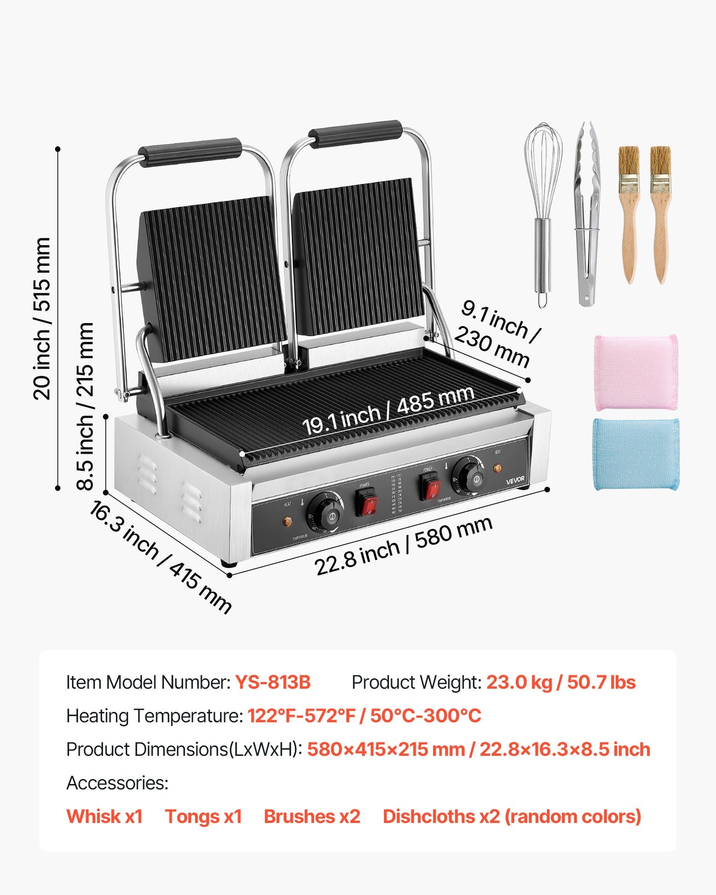 Kommersiell paninigrill, 3600W elektrisk smörgåspaninimaskin, dubbel smörgåspress i rostfritt stål, temperaturkontroll för paninigrill, 48x23cm räfflad emaljplatta, för hamburgare, biff och bacon