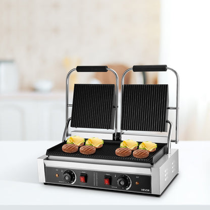 Kommersiell paninigrill, 3600W elektrisk smörgåspaninimaskin, dubbel smörgåspress i rostfritt stål, temperaturkontroll för paninigrill, 48x23cm räfflad emaljplatta, för hamburgare, biff och bacon