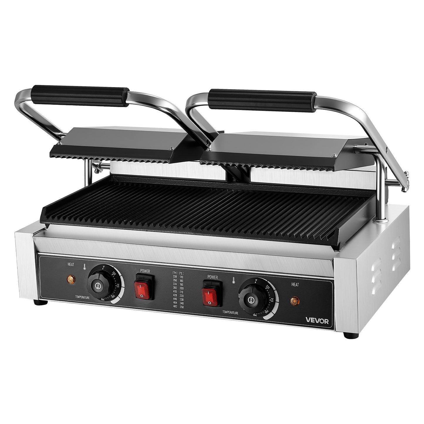 Kommersiell paninigrill, 3600W elektrisk smörgåspaninimaskin, dubbel smörgåspress i rostfritt stål, temperaturkontroll för paninigrill, 48x23cm räfflad emaljplatta, för hamburgare, biff och bacon