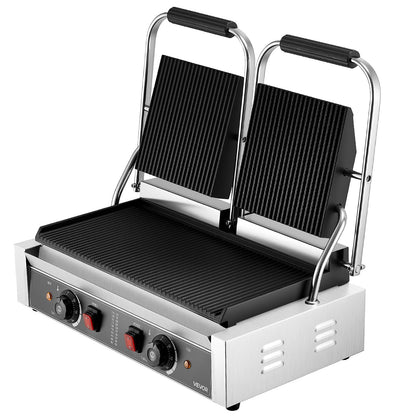 Kommersiell paninigrill, 3600W elektrisk smörgåspaninimaskin, dubbel smörgåspress i rostfritt stål, temperaturkontroll för paninigrill, 48x23cm räfflad emaljplatta, för hamburgare, biff och bacon