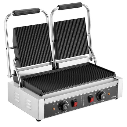 Kommersiell paninigrill, 3600W elektrisk smörgåspaninimaskin, dubbel smörgåspress i rostfritt stål, temperaturkontroll för paninigrill, 48x23cm räfflad emaljplatta, för hamburgare, biff och bacon