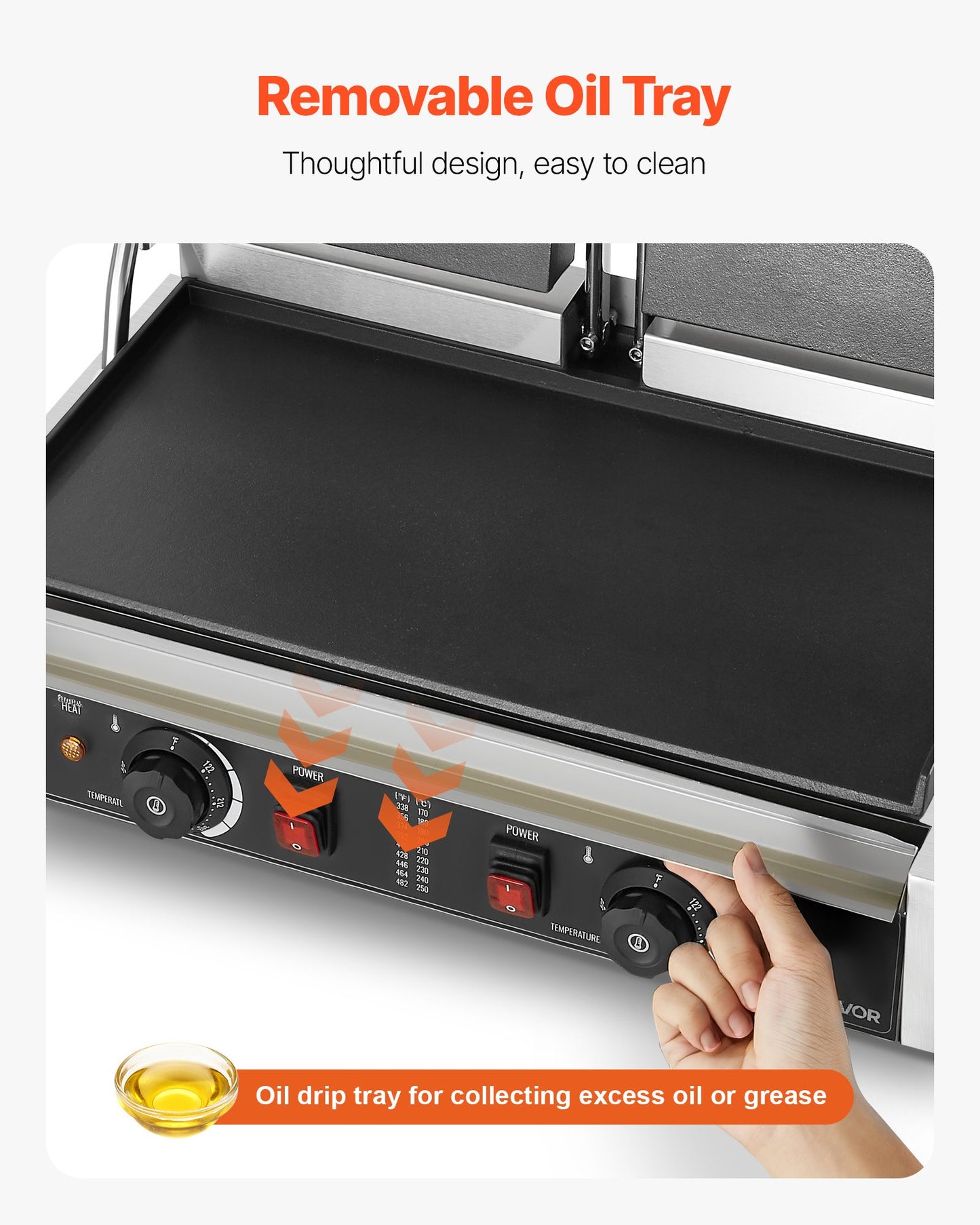 Kommersiell paninigrill, 3600W elektrisk smörgåspaninimaskin, dubbel smörgåspress i rostfritt stål, paninigrill med temperaturkontroll, 48x23cm helplatt emaljplatta, för hamburgare, biff och bacon