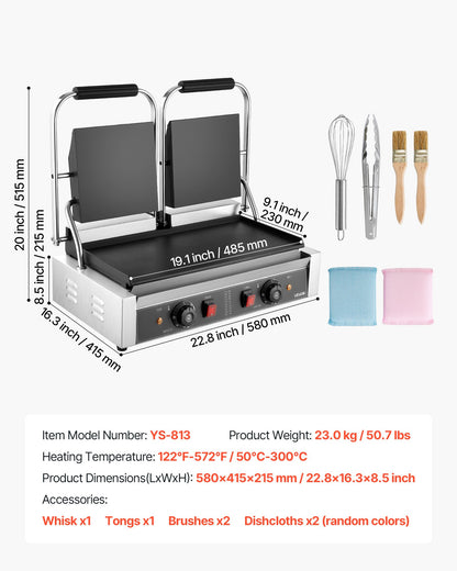 Kommersiell paninigrill, 3600W elektrisk smörgåspaninimaskin, dubbel smörgåspress i rostfritt stål, paninigrill med temperaturkontroll, 48x23cm helplatt emaljplatta, för hamburgare, biff och bacon