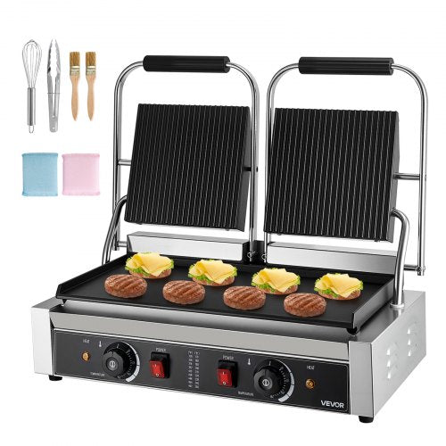 Kommersiell paninigrill, 3600W elektrisk smörgåspaninimaskin, dubbel smörgåspressgrill i rostfritt stål, paninigrill med temperaturkontroll, 48x23cm platt emaljplatta för hamburgare, biff och bacon