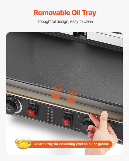 Commercial Panini Grill, 3600W Electric Sandwich Panini Maker, Stainless Steel Double Sandwich Press Grill, Panini Grill with Temp Control, 48x23cm Flat Enamel Plate for Hamburger Steak Bacon