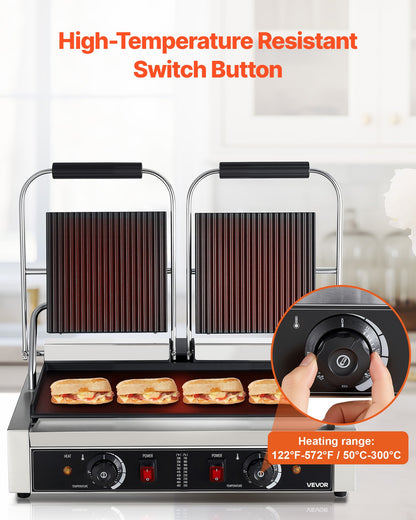 Commercial Panini Grill, 3600W Electric Sandwich Panini Maker, Stainless Steel Double Sandwich Press Grill, Panini Grill with Temp Control, 48x23cm Flat Enamel Plate for Hamburger Steak Bacon