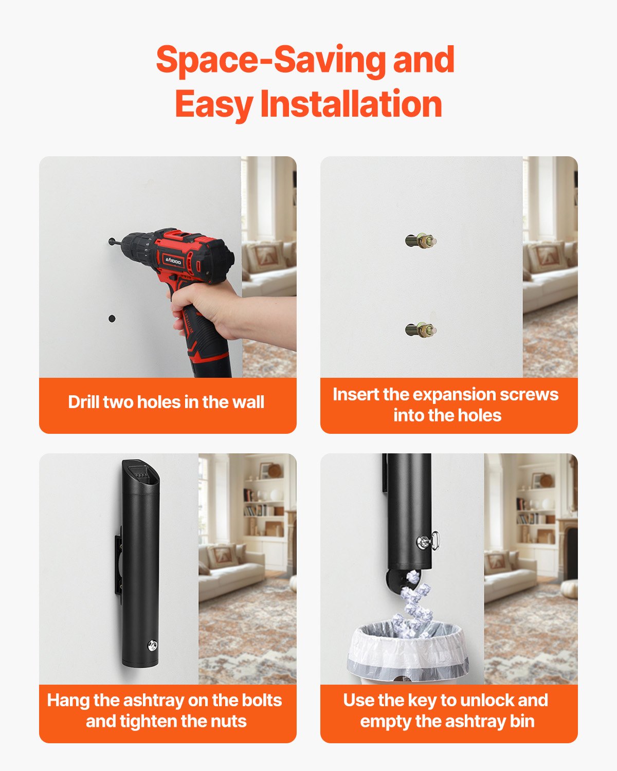 Cigarette Butt Receptacle, Stainless Steel Cylinder Cigarette Butt Container, Wall Mounted and Weatherproof Outdoor Cigarette Butt Disposal for Garden, Office, Restaurant, Hotel, Bar, Black