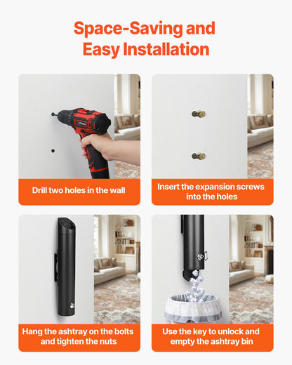 Cigarette Butt Receptacle, Stainless Steel Cylinder Cigarette Butt Container, Wall Mounted and Weatherproof Outdoor Cigarette Butt Disposal for Garden, Office, Restaurant, Hotel, Bar, Black