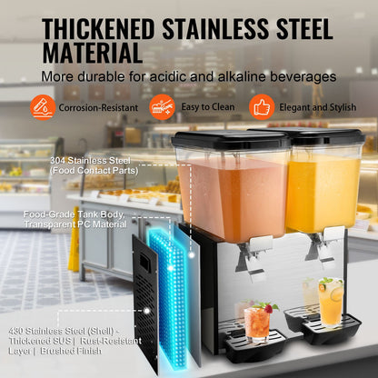 Kommersiell dryckesdispenser, 2 tankar 18 l juicedispenser per tank, 370 W istemaskin i rostfritt stål med kyltemperatur på 45°F-54°F, för kalla drycker, restaurangbarfester