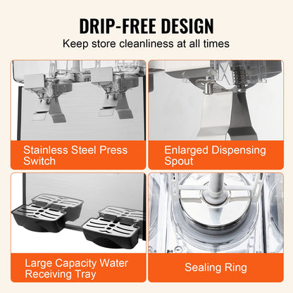 Kommersiell dryckesdispenser, 2 tankar 18 l juicedispenser per tank, 370 W istemaskin i rostfritt stål med kyltemperatur på 45°F-54°F, för kalla drycker, restaurangbarfester