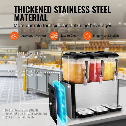 Commercial Beverage Dispenser, 3 Tanks 12 L Per Tank Juice Dispenser, 370W Stainless Steel Ice Tea Drink Machine with 45°F-54°F Cooling Temperature, for Cold Drink Restaurant Bar Party