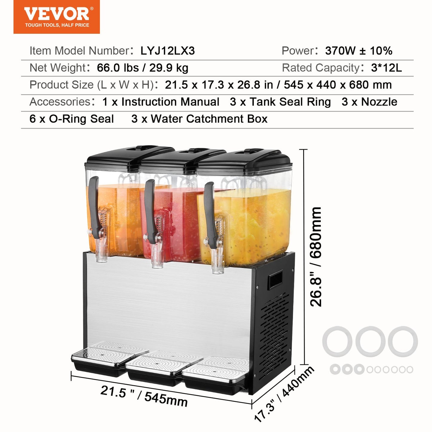 Commercial Beverage Dispenser, 3 Tanks 12 L Per Tank Juice Dispenser, 370W Stainless Steel Ice Tea Drink Machine with 45°F-54°F Cooling Temperature, for Cold Drink Restaurant Bar Party