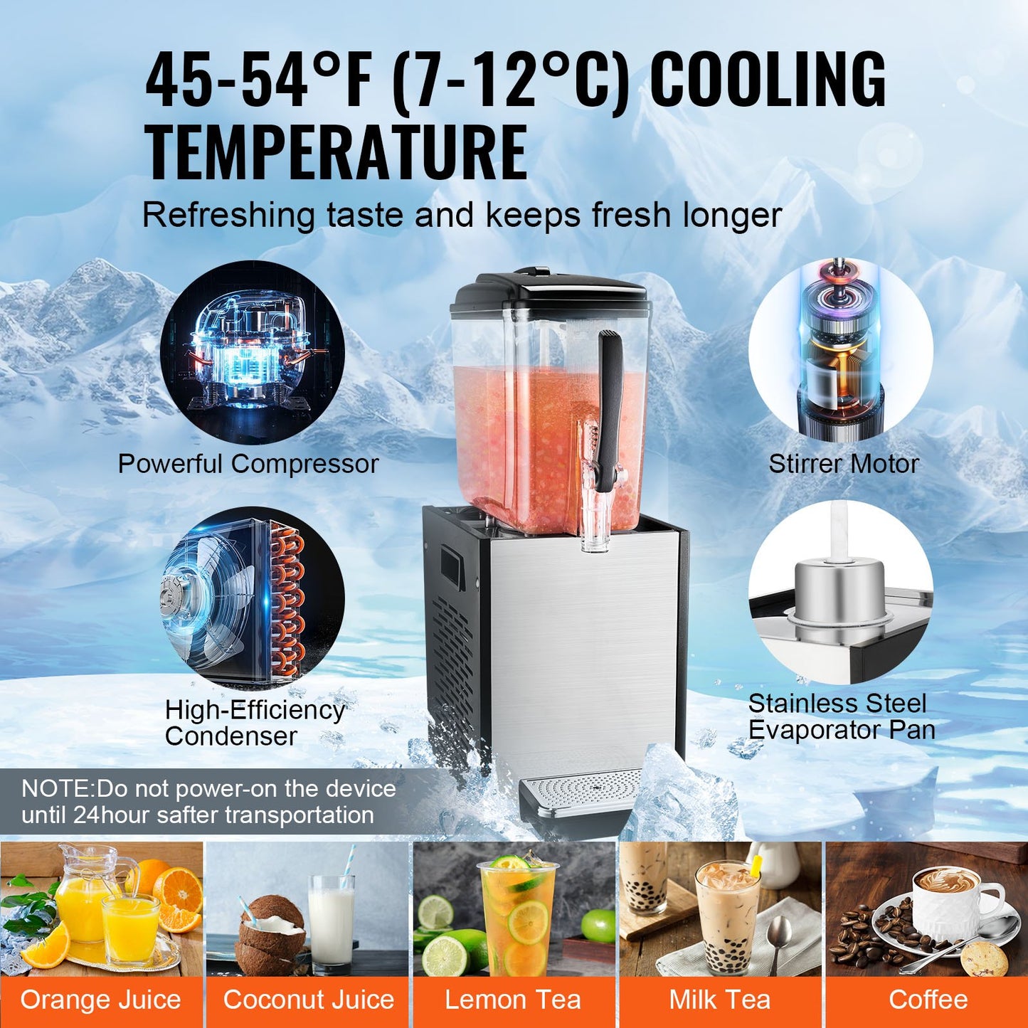 Commercial Beverage Dispenser, 12 L Juice Dispenser, 246W 304 Stainless Steel Food Grade Ice Tea Drink Machine with 45°F-54°F Cooling Temperature, for Cold Drink Restaurant Bar Party