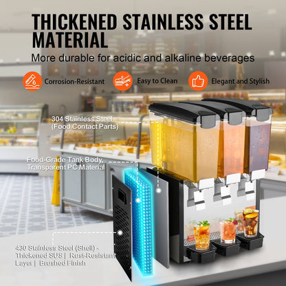 Commercial Beverage Dispenser, 3 Tanks 10 L Per Tank Juice Dispenser, 440W Stainless Steel Ice Tea Drink Machine with 45°F-54°F Cooling Temperature, for Cold Drink Restaurant Bar Party